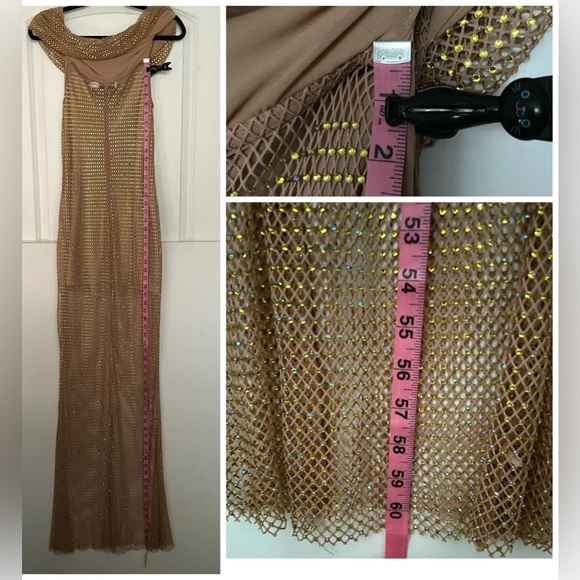 Self Portrait Tan Hotfix Fishnet Maxi Dress crystal Rhinestone studded gown 10 - Picture 15 of 16